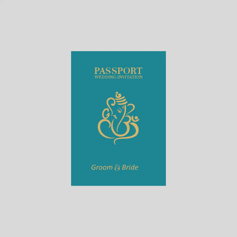 Teal passport-style wedding invitation with gold text and design on a gray background
