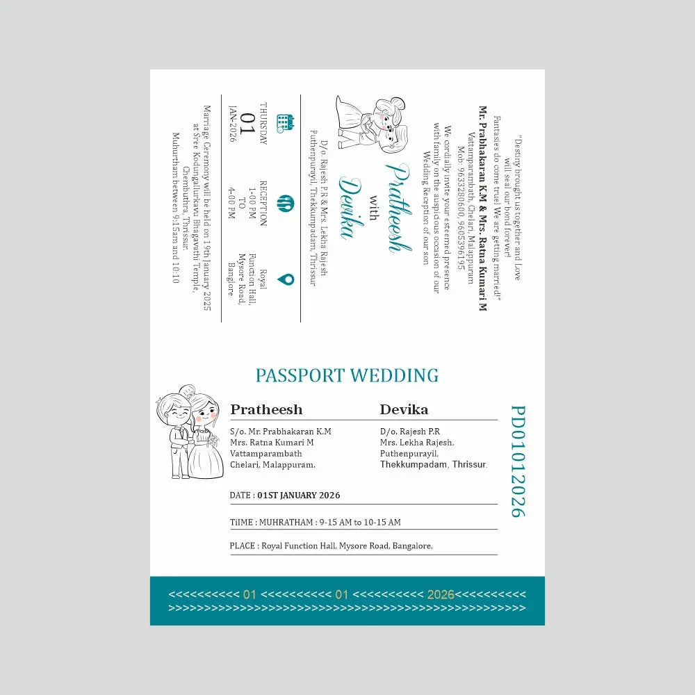 Passport-style wedding invitation with text and graphics on a gray background