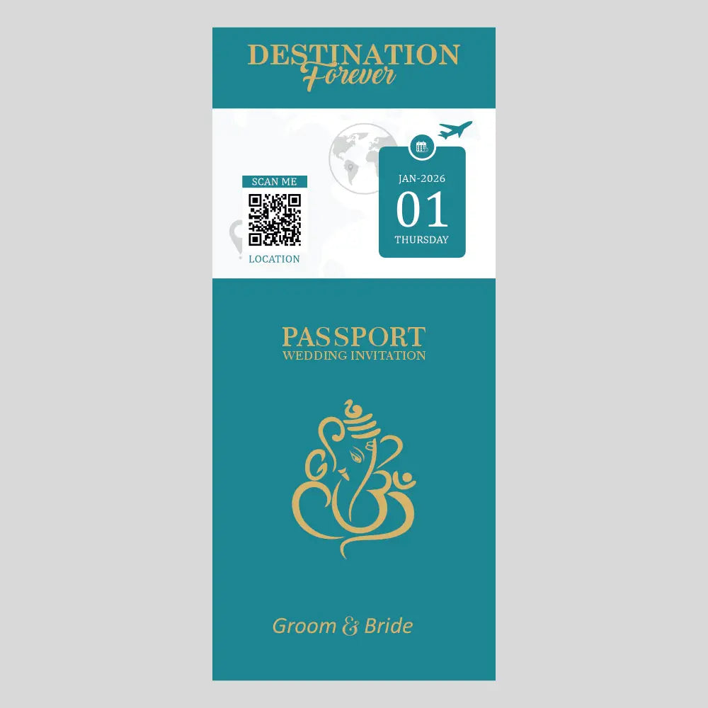 Passport-style wedding invitation with 'Destination Forever' text and Ganesha symbol on a gray background
