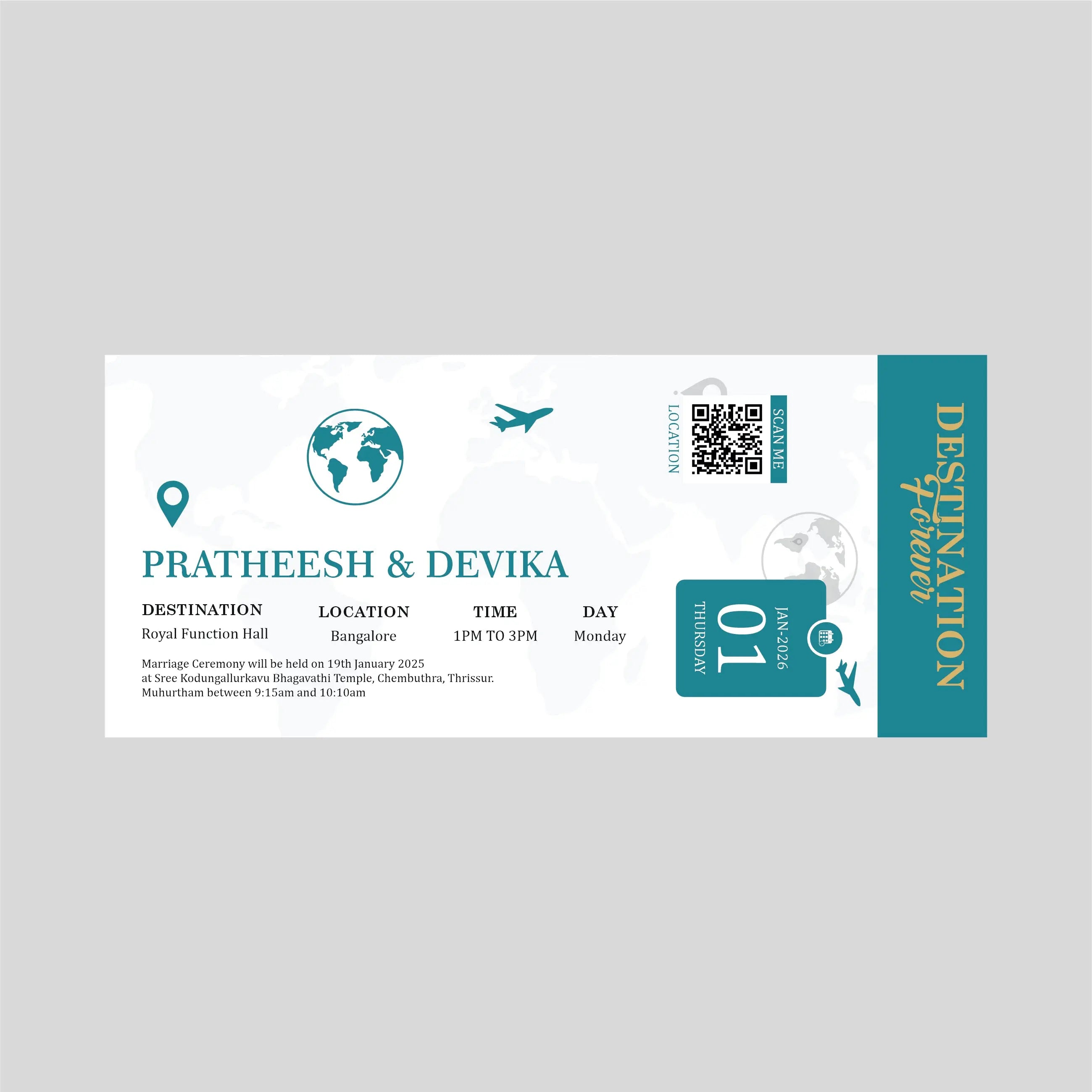 Design resembling a boarding pass with text and graphics on a gray background